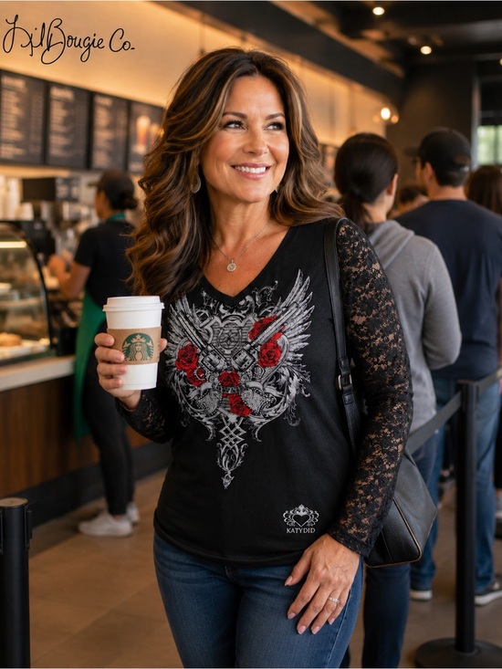 Katydid Tops - Katydid Cowgirl Black Lace-Sleeve V-Neck Top with Red Rose Graphic - Women’s 2XL
